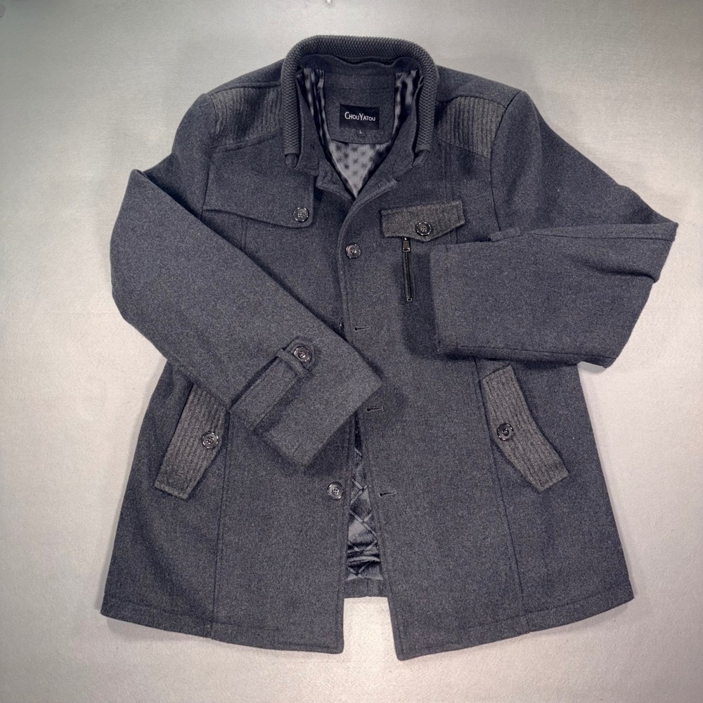 Chouyatou Mens Wool Blend Pea Coat Charcoal Gray Ribbed Collar Jacket Large
